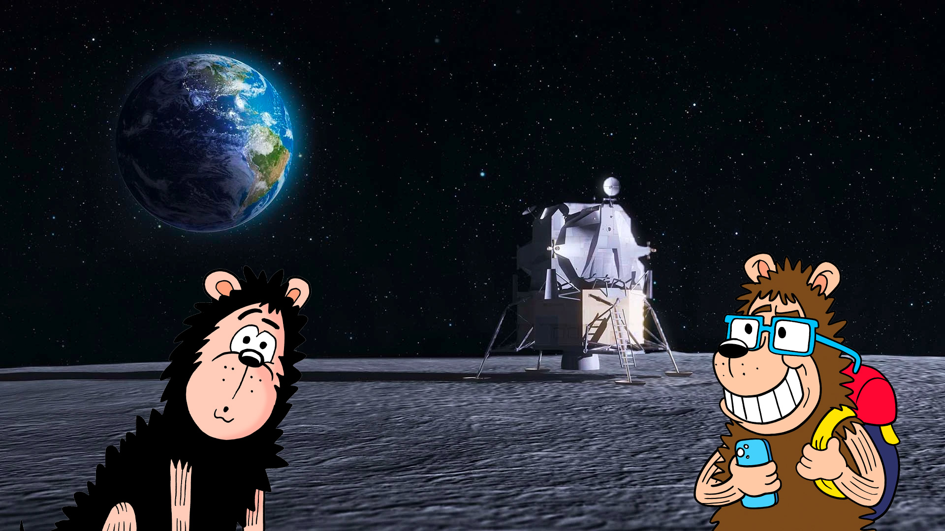 Gnasher and Phil ES Dogg on the moon